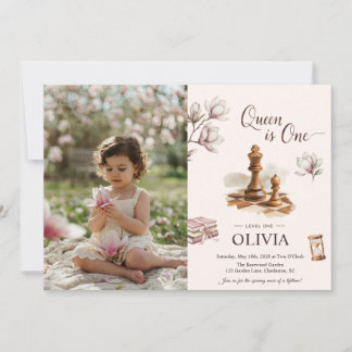 Queen Is One Chess Girl Photo First Birthday Invitation