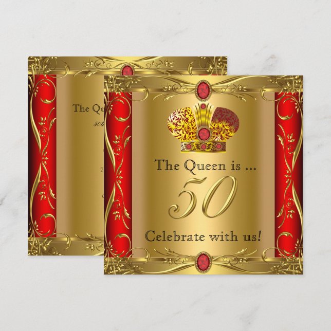 Queen King Regal Red Gold 50th Birthday Party Invitation (Front/Back)