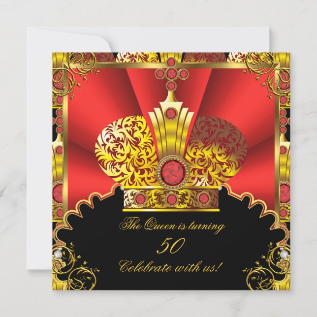 Queen King Regal Red Gold Royal Birthday Party 3 Invitation (Front)