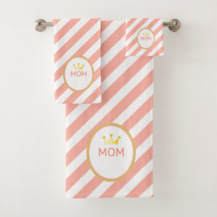 Queen Mom's Crown on Coral & White Striped Bath Towel Set