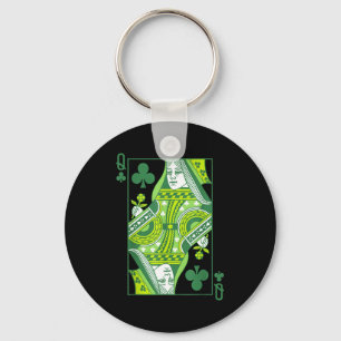 Queen of clubs card st patrick's day botanical keychain