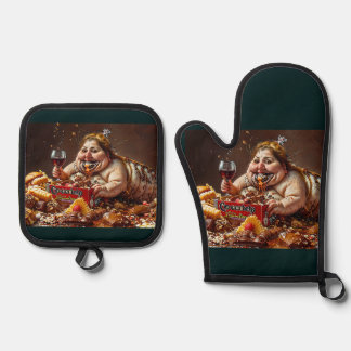 “Queen of Gluttonous Decay” Colourful Portrait Oven Mitt & Pot Holder Set