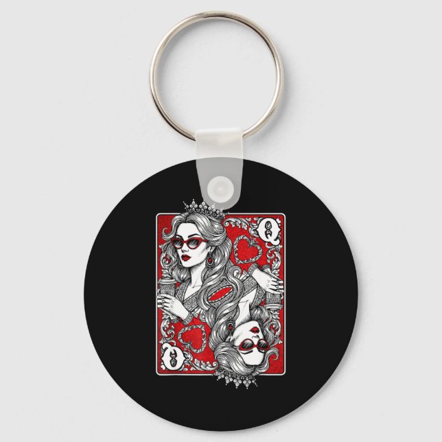 Queen Of Heart Playing Card Coffee Lover Gambling  Keychain (Front)