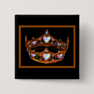 Queen of Hearts Gold Crown Tiara black button pin