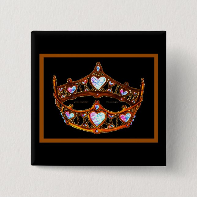Queen of Hearts Gold Crown Tiara black button pin (Front)