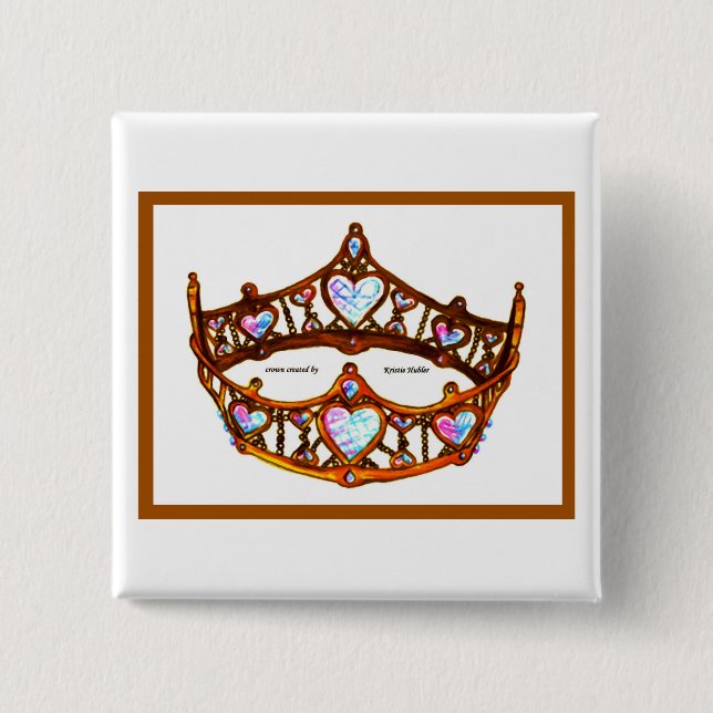 Queen of Hearts Gold Crown Tiara white button pin (Front)