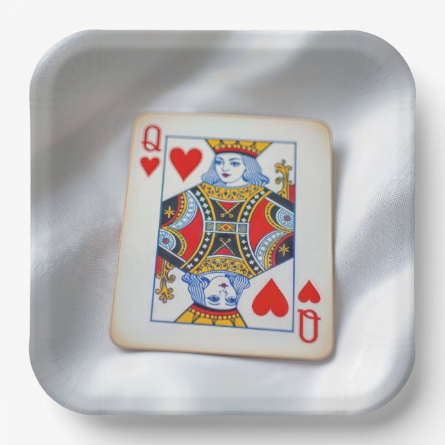 Queen of Hearts On White Satin Fabric Paper Plate (Front)