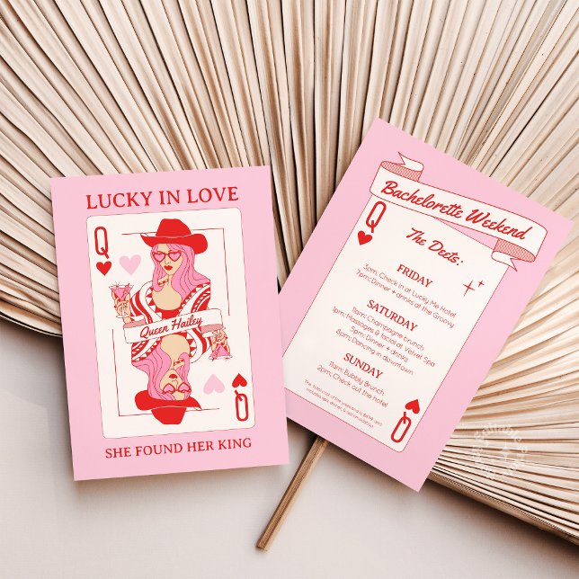 Queen of Hearts Playing Cards Bachelorette Invite (queen of hearts invite, playing cards bachelorette invitation, vegas casino party invite, red pink b)