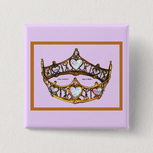 Queen of Hearts Yellow Gold Crown Tiara pink lilac 2 Inch Square Button