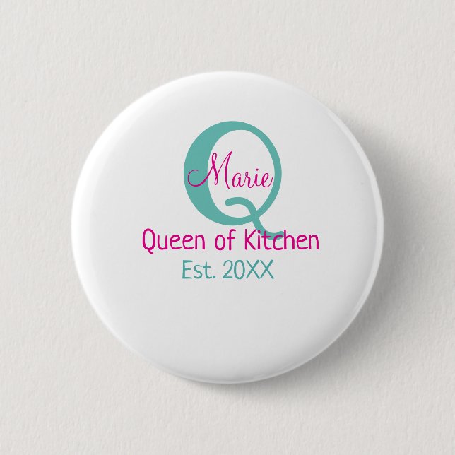 Queen of kitchen monogram green pink simple minima 2 inch round button (Front)