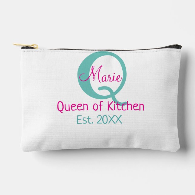 Queen of kitchen monogram green pink simple minima accessory pouch (Front)