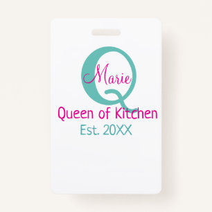 Queen of kitchen monogram green pink simple minima badge
