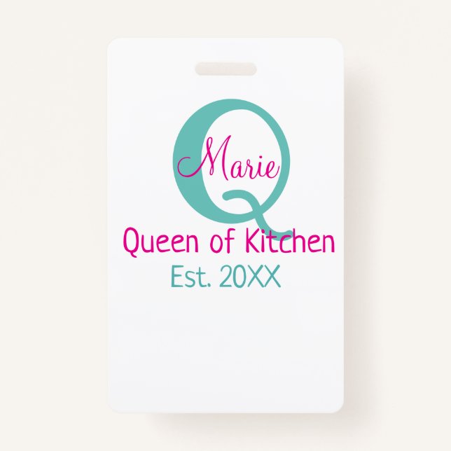 Queen of kitchen monogram green pink simple minima badge (Front)