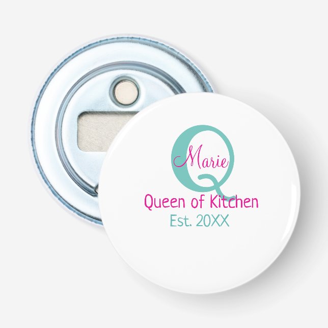 Queen of kitchen monogram green pink simple minima bottle opener (Front)
