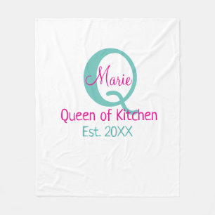 Queen of kitchen monogram green pink simple minima fleece blanket