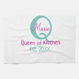 Queen of kitchen monogram green pink simple minima towel