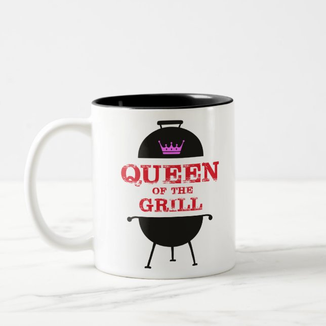 Queen Of The Grill, Pink Crown Red Two-Tone Coffee Mug (Left)