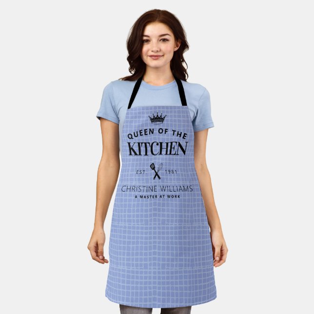 Queen of the Kitchen Crown Foodie Mom Blue Plaid Apron (Worn)