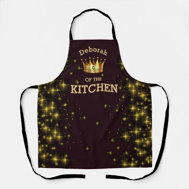 Queen of the Kitchen Gold Crown Stars on Black Apron (Front)