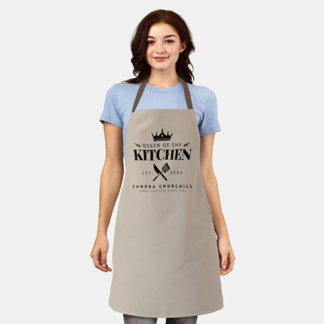 Queen of The Kitchen Lady Chef Personalized Beige Apron (Worn)