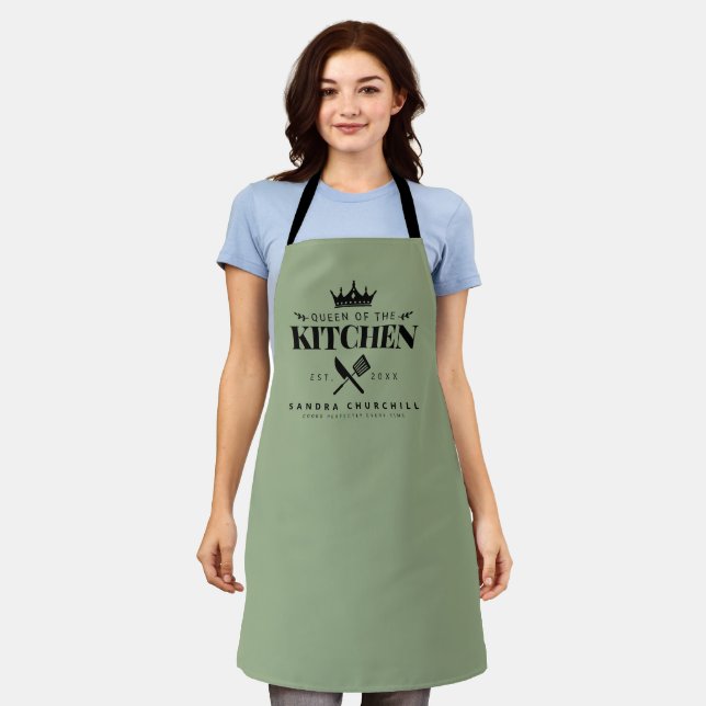 Queen of The Kitchen Lady Chef Personalized Green Apron (Worn)
