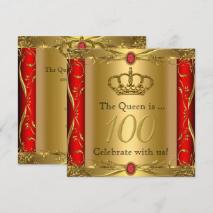Queen or King Regal Red Gold 100th Birthday Party Invitation