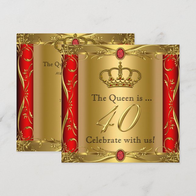 Queen or King Regal Red Gold 40th Birthday Party Invitation (Front/Back)