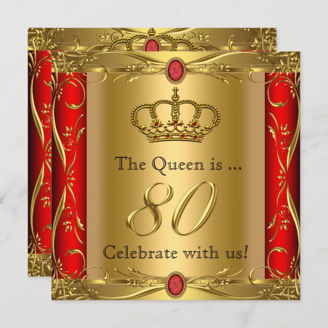 Queen or King Regal Red Gold 80th Birthday Party Invitation (Front/Back)