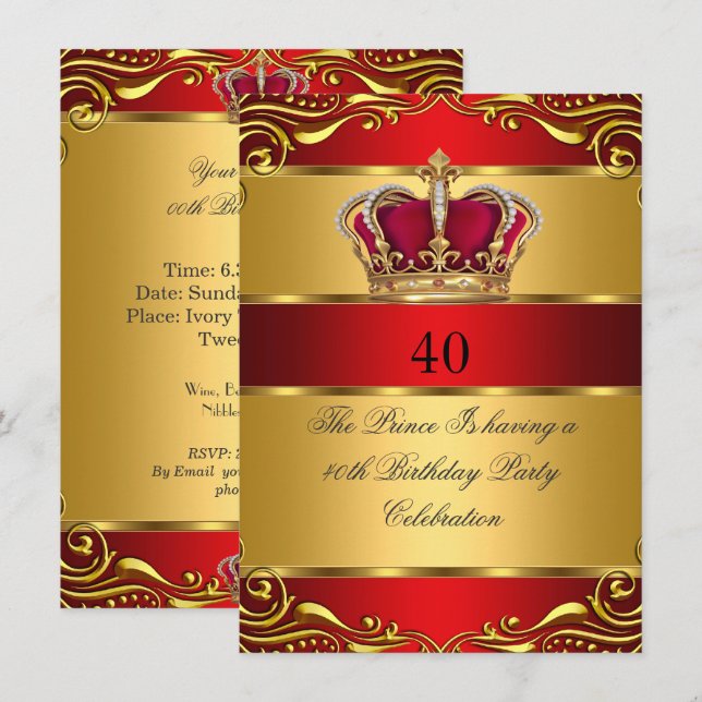 Queen Prince King Regal Red Gold Crown Birthday Invitation (Front/Back)