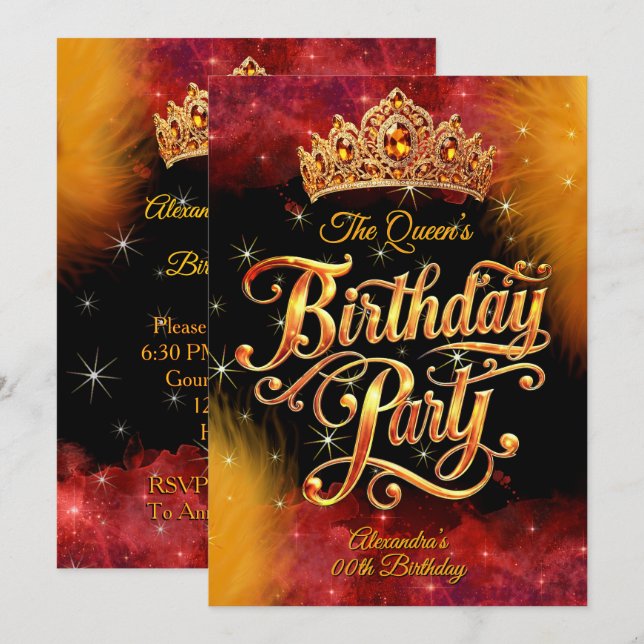 Queen Princess Birthday Gold Orange Red Party Invitation (Front/Back)
