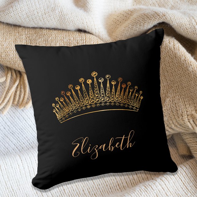 Queen princess tiara crown gold black name throw pillow (Creator Uploaded)