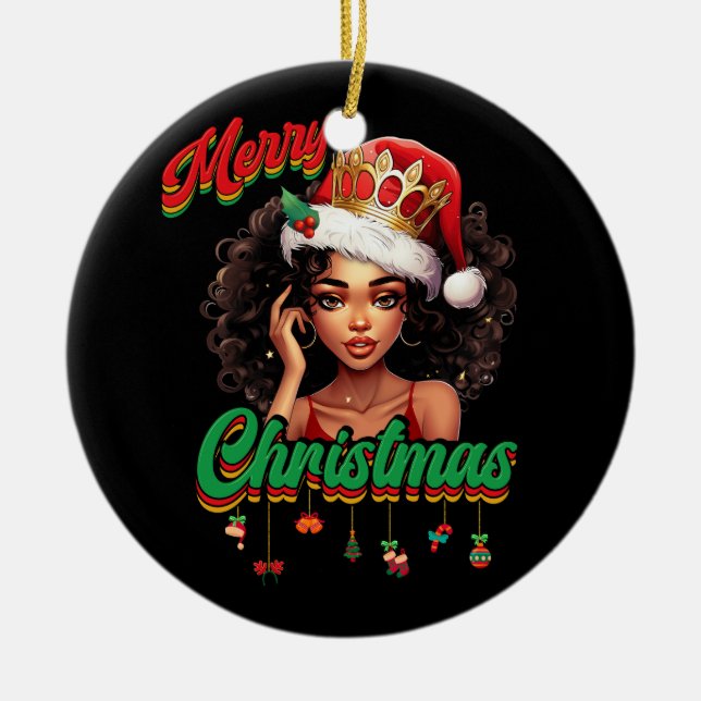 Queen Santa Claus American African Christmas Women Ceramic Ornament (Front)