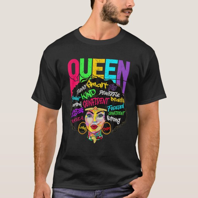 Queen Smart Strong Black Woman Afro Melanin Black T-Shirt (Front)
