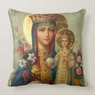 Queen Virgin Mary Madonna Jesus Christ Flowers Throw Pillow