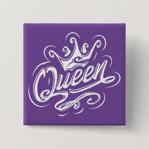 Queen With Crown, Typography Design 2 Inch Square Button