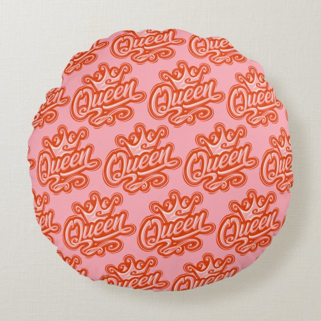 Queen With Crown, Typography Design Round Pillow (Front)