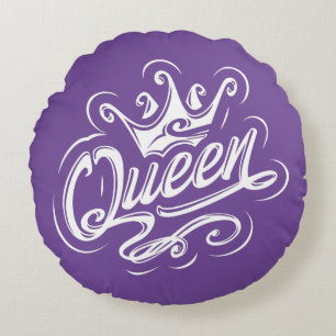 Queen With Crown, Typography Design Round Pillow