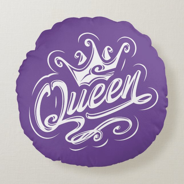 Queen With Crown, Typography Design Round Pillow (Front)