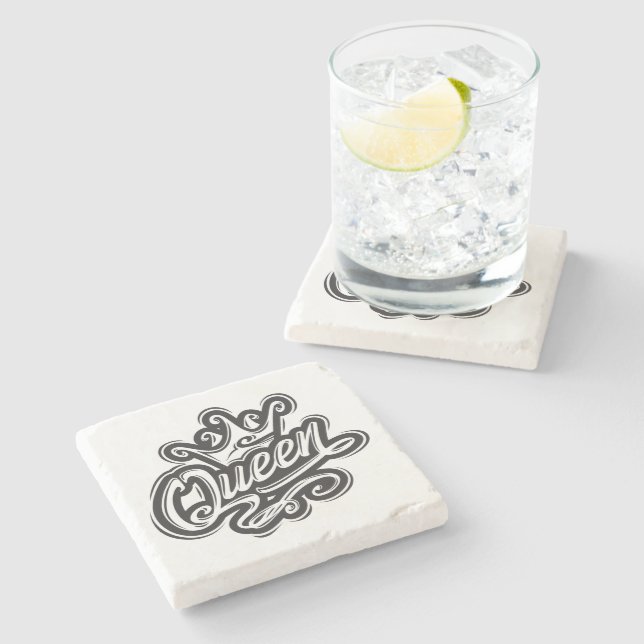 Queen With Crown, Typography Design Stone Coaster (Side)