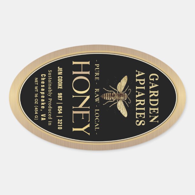 Queenline 16 and 32oz Black Honey Jar Queen Bee Oval Sticker (Front)