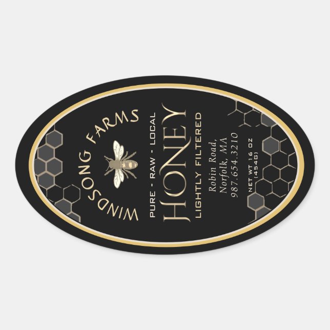Queenline Honey Label 16/32oz Honeycomb Bee Black (Front)