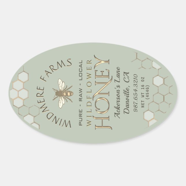 Queenline Honey Label 16/32oz Honeycomb Bee Sage (Front)