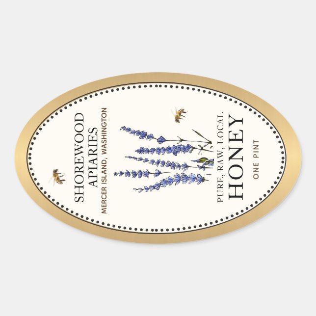 Queenline Oval Honey Gold Border with Bees Flowers Oval Sticker (Front)