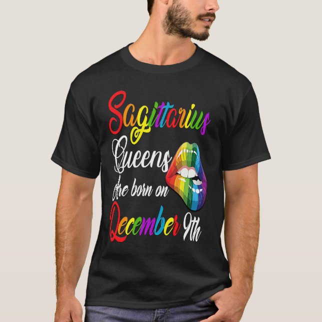 Queens Are Born on December 9th Rainbow Lips Sagit T-Shirt (Front)