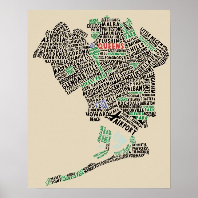 Queens, New York Carte de typographie Poster d'art (Devant)