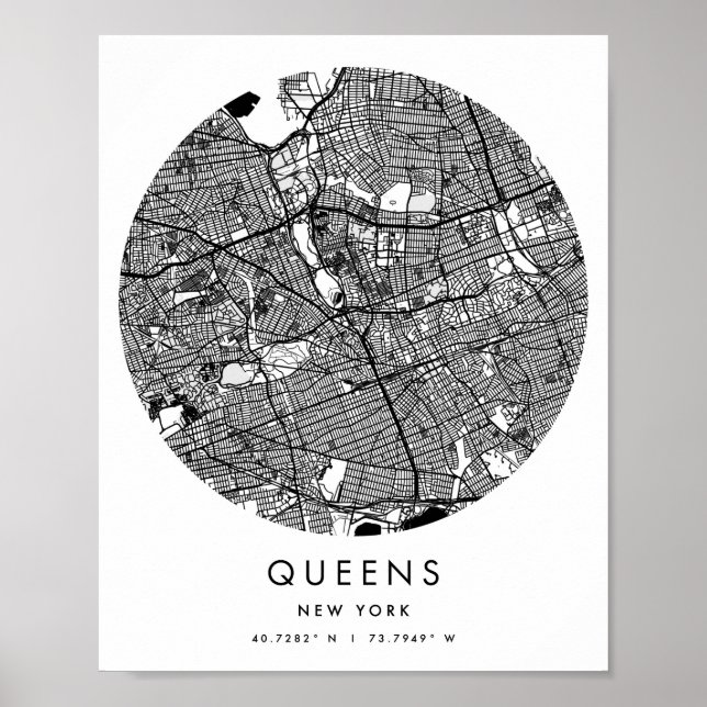 Queens New York Minimal Modern Circle Street Map Poster (Front)