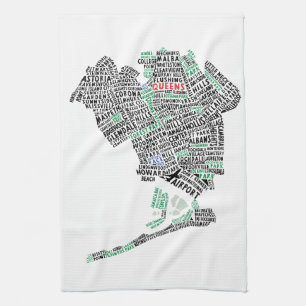 Queens, New York Typography Map Tea Towel