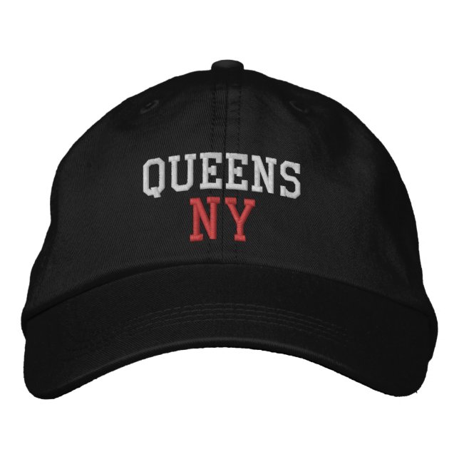 QUEENS NY Simple White and Red on Black Embroidered Hat (Front)