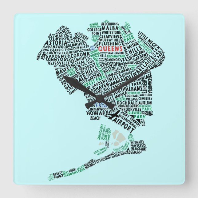 Queens NY Typography Map Art Wall Clock (Front)
