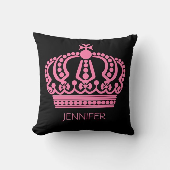 Queen's Pink Crown On Black Name Personalized Throw Pillow (Front)